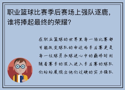 职业篮球比赛季后赛场上强队逐鹿，谁将捧起最终的荣耀？