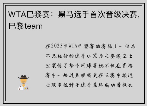 WTA巴黎赛：黑马选手首次晋级决赛，巴黎team