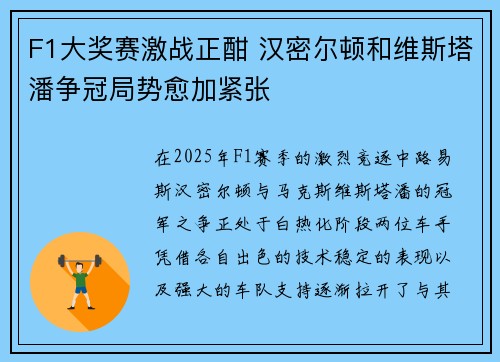 F1大奖赛激战正酣 汉密尔顿和维斯塔潘争冠局势愈加紧张