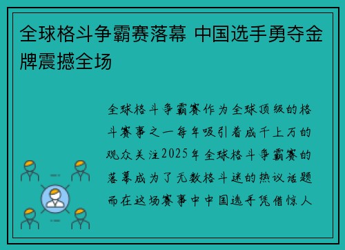 全球格斗争霸赛落幕 中国选手勇夺金牌震撼全场