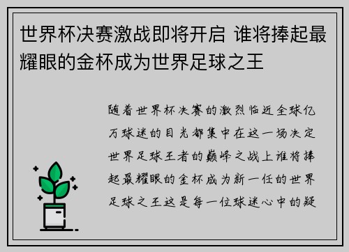 世界杯决赛激战即将开启 谁将捧起最耀眼的金杯成为世界足球之王
