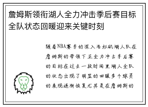 詹姆斯领衔湖人全力冲击季后赛目标全队状态回暖迎来关键时刻
