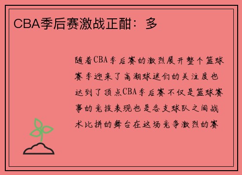 CBA季后赛激战正酣：多